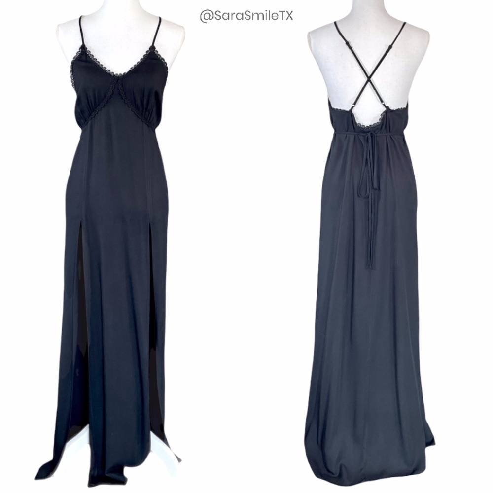 FOR LOVE AND LEMONS Black Boho Double High Slit Low Back Maxi Summer Dress